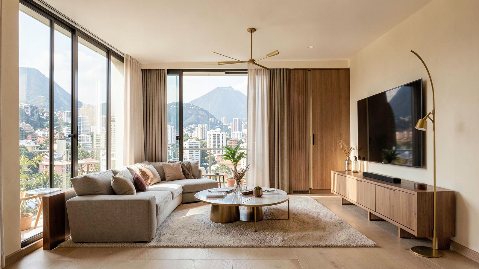 Sala de estar de apartamento de alto padrão com vista para o Rio de Janeiro
